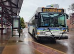 FILE — A Lane Transit District bus waits for passengers to load on Jan. 18, 2024, at LTD's downtown Eugene station.