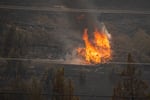 Flames from the Bench Fire burn a tree off Highway 26 between Warm Springs and Madras, Ore., among acres of land burned by the Bench Fire on July 27, 2026.