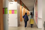 People walk down a hallway at Portland State University's new Jordan Schnitzer School of Art + Art History + Design on Tuesday, Oct. 13, 2026.