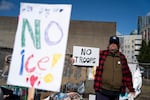 FILE - Bill Glenn protests against the Trump administration's push to deploy the National Guard to Portland outside of the U.S. Immigration and Customs Enforcement facility in Portland, Ore., on Oct. 20, 2025. 