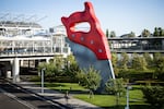 The large-scale street art "Saw, Sawing" by Claes Oldenburg / Coosje Van Bruggen Sculpture is seen last year in Tokyo.