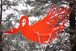 The "Phoenix Rising" art installation sits in the center of the Galveston Avenue and 14th Street roundabout in Bend. It does not normally have googly eyes. 