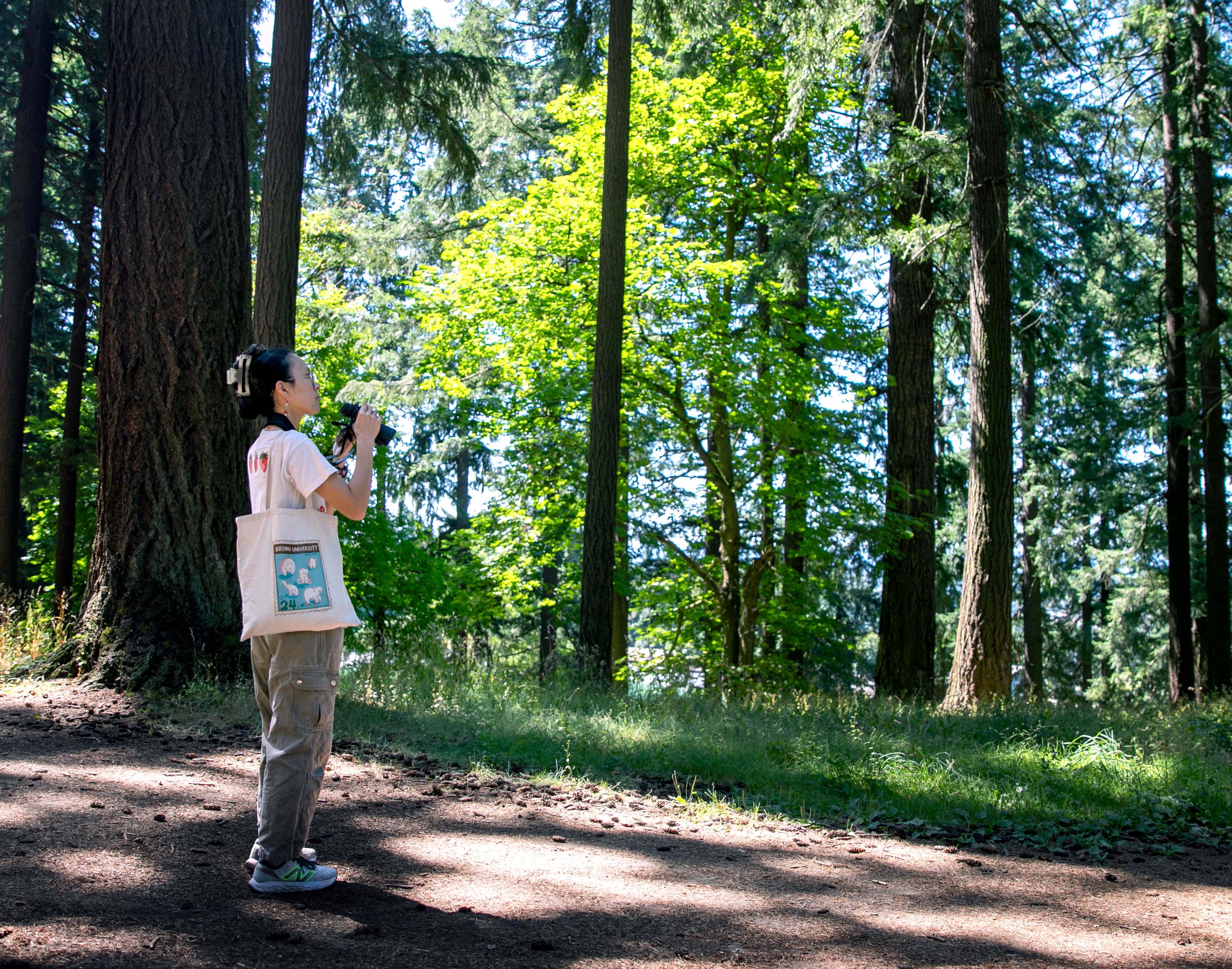 Birder Angela Baek watches for some new birds to add to her list in Mt. Tabor Park in Portland, Ore., July 19, 2025. Baek, visiting from Los Angeles, likes to tell people that birding is somewhat like “real life Pokemon,” in that they can collect a list of birds they have and have not yet found.