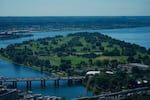 The East Potomac Park Golf Course is seen from the Washington Monument, Tuesday, Sept. 15, 2026, in Washington.
