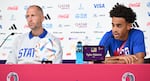 U.S. coach Gregg Berhalter and team captain Tyler Adams give a press conference at the Qatar National Convention Center in Doha on Monday ahead of the match between the U.S. and Iran.