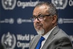 WHO Director-General Tedros Adhanom Ghebreyesus looks on during a press conference with the Association of Accredited Correspondents at the United Nations (ACANU) at the World Health Organization's headquarters in Geneva, on December 10, 2024.