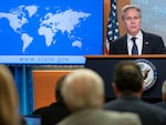 Secretary of State Antony Blinken speaks during a news conference about Russia's election interference at the Department of State in Washington on Friday.