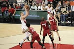 Mason Plumlee shoots over Miami defenders in the Portland Trail Blazers' 110-93 win over the Heat on April 2, 2016.