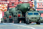 Russian RS-24 Yars ballistic missiles roll in Red Square during the 2020 Victory Day military parade in Moscow, Russia.