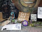 A tribute to Breonna Taylor, a Black Kentucky woman who was shot and killed at her home by police who executed a no-knock warrant in March. The painting and messages are outside downtown Portland's Apple store. Taylor would have turned 27 on June 5.