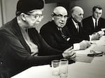 Former First Lady Eleanor Roosevelt, far left, sits at a table with Paul Bragdon, far right.