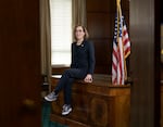 Oregon Gov. Kate Brown, in her office at the state capitol, Feb. 3, 2022 following her final state of the state address. Brown acknowledged the turmoil the state has face during her pandemic, as well as noting Oregon’s ecomony is strong, and unemployment is low.