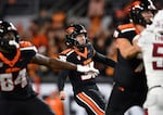 Oregon State place kicker Everett Hayes (35) watches his 55 yard game winning field go against Washington State. during the second half of an NCAA college football game Saturday, Nov. 23, 2024, in Corvallis, Ore. Oregon State won 41-38.