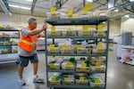 David Morris of Rock Creek moves a cart of ballots for processing at the Washington County Elections Office in Hillsboro, Ore., process ballots on May 21, 2024. 