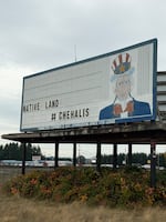 The so-called "Uncle Sam billboard," shown in this Oct. 23, 2025 provided photo, on Interstate 5 south of Chehalis has been used for decades to promote right-wing causes. That changed this summer, when the Confederated Tribes of the Chehalis Reservation purchased the billboard and the land on which it sits. 
