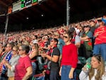 Fans cheer as the Portland Thorns take on San Diego Wave FC in the NWSL quarterfinals in front of 21,000 fans at Providence Park on Nov. 9th in Portland, Ore.