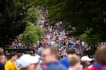 Thousands of soccer fans crowd the Harbor Steps ahead of the FIFA World Cup match between USA and Australia, on Friday, June 19, 2026, in Seattle.