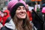 A woman wears a pink bra on her head during the Women's March on Portland on Saturday, Jan. 21, 2017.
