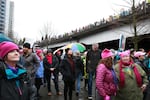 Demonstrators pour off the Morrison Bridge to the Portland waterfront for the Women's March on Saturday, Jan. 21, 2017.