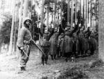 A  U.S. soldier of the 12th Armored Division stands guard over a group of Nazi prisoners captured in the surrounding German forest. April 1945.