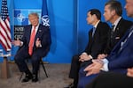 President Trump, Secretary of State Marco Rubio and Defense Secretary Pete Hegseth speak to reporters at the NATO summit on June 25, 2025,





 in The Hague.