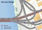 Projection of lane closures and routes on Morrison Bridge during construction