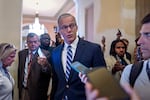Senate Majority Leader John Thune, R-S.D., pauses for questions from reporters before votes on the immigration enforcement funding package, at the Capitol in Washington, Thursday, June 4, 2026.