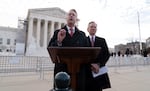 Trump allies Sen. Roger Marshall, R-Kan., and Sen. Tommy Tuberville, R-Ala., speak to reporters outside of the U.S. Supreme Court Thursday.