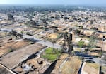 An aerial view of properties cleared of fire debris that burned in the Eaton Fire seen on July 7, 2025 in Altadena.
