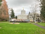 A major renovation at the Oregon Capitol, seen in this December 2021 file photo, has turned the grounds into a construction site. The latest phase of the project has soared past initial cost expectations. 