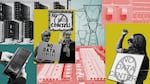 This collage shows women protesting with signs that say "No Data Centers," as well as photos of data centers, power lines and a person holding a smartphone.