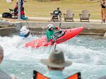 Races in Kayak Cross describe it as "mayhem", as they bombard down strong currents, knocking other kayakers out of the way and race in a head-to-head battle while swerving around a series of padded buoys hanging from above.