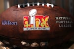 A detail of footballs at the NFL Experience fan festival ahead of Super Bowl LIX on February 07, 2025 in New Orleans, Louisiana.