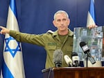 Israeli army spokesman Rear Admiral Daniel Hagari speaks to the press from The Kirya, which houses the Israeli Ministry of Defence, in Tel Aviv on  Wednesday, Oct. 18.