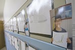 Student college projects line the hallways at Sherwood Heights Elementary School in Pendleton.