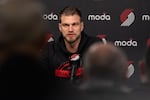 Trail Blazers Interim Head Coach Tiago Splitter speaks to the media before the team's game against the Golden State Warriors at the Moda Center in Portland, Ore. on Friday, Oct. 24, 2025.
