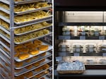 The photo on the left shows a metal rack with trays of french fries and chicken patties cooling off. The photo on the right shows a refrigerated case that has shelves of prepared salads and sandwiches in clear plastic clamshell containers.
