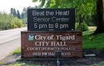 A digital sign outside Tigard City Hall, Aug. 12, 2021.