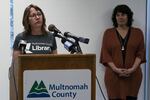 Multnomah County library director Vailey Oehlke speaks at a press conference announcing the library's closure to prevent the spread of coronavirus on March 13, 2019, in Portland, Oregon.