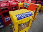 A 2013 file photo of an Epoch Times newspaper box in New York City. The outlet was founded by adherents to the Falun Gong spiritual movement but it has morphed into a pro-Trump conservative news organization in recent years. Earlier this month, the organization's chief financial officer was arrested on federal money laundering charges.