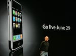 Apple Inc. CEO Steve Jobs discusses the iPhone during a June 2007 keynote address.