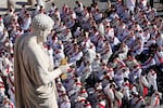 Clergy take their seats for the funeral of Pope Francis in St. Peter's Square at the Vatican.