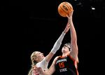Oregon State forward Raegan Beers (15) shoots against Stanford forward Cameron Brink during the first half of an NCAA college basketball game in the semifinals of the Pac-12 women's tournament Friday, March 8, 2024, in Las Vegas.