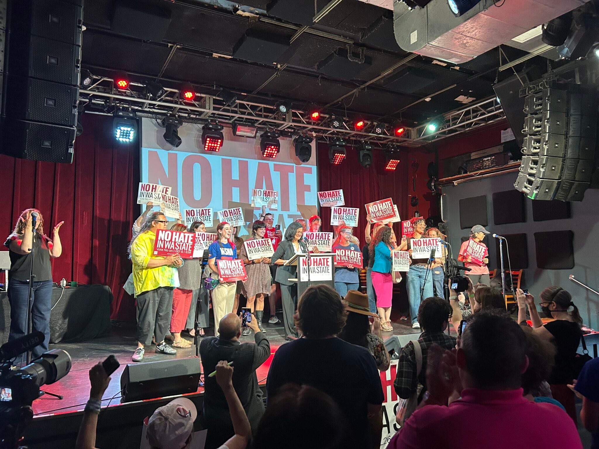 U.S. Rep. Pramila Jayapal speaks at the campaign kickoff event against two conservative-backed ballot initiatives on June 17, 2026, in Seattle.