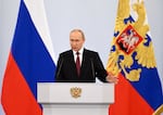 Russian President Vladimir Putin gives a speech during a ceremony formally annexing four regions of Ukraine Russian troops occupy, at the Kremlin in Moscow on Friday.