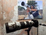 The camera that belonged to Reuters journalist Issam Abdallah, who was killed by what a Reuters investigation has found was an Israeli tank crew, is displayed during a press conference by Amnesty International and Human Rights Watch in Beirut, Lebanon, on Thursday.