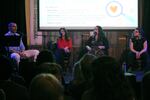 (From left to right) "Think Out Loud" host Dave Miller, Margaret Bagan, Taylor Kravitz and Sarah hold a conversation about dating for a live taping of "Think Out Loud," at Revolution Hall in Portland, Ore., March 5, 2026. Panelists answered questions and responded to stories from audience members throughout the event.