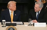 President Trump listens to David Sacks, the White House czar for AI and crypto, at a White House summit on digital assets on March 7, 2025.