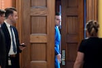 President-elect Donald Trump's nominee to be attorney general, former Rep. Matt Gaetz, R-Fla., closes a door to a private meeting with Vice President-elect JD Vance and Republican Senate Judiciary Committee members, at the Capitol in Washington, Wednesday, Nov. 20, 2024.