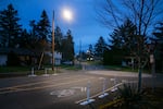 A street lamp illuminates the roundabout at the intersection of Northeast Oregon Street and Northeast 108th Avenue in East Portland, Ore., Mar. 10, 2025. This street lamp was recently turned on after residents alerted Councilors Candace Avalos and Loretta Smith that it had never been functional. 